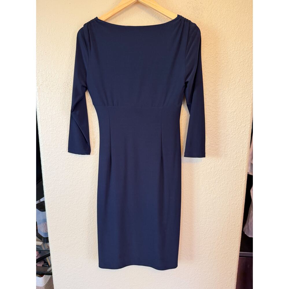 NEW Lauren Ralph Lauren Navy Ruched V Neck Midi Dress size 6 Modest - Picture 3 of 7